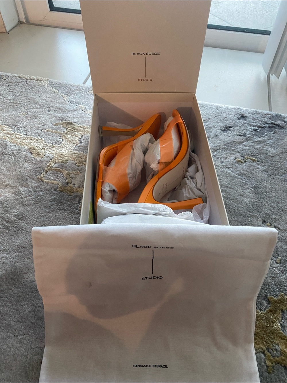 Black Suede Studio: Bright Orange Slip-on Stiletto Heels Sandals. Worn once!